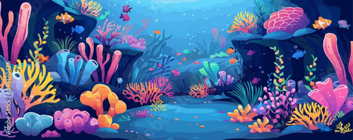 Whimsical underwater grotto with glowing sea creatures, sparkling crystals, and hidden treasures. Vector flat minimalistic isolated illustration