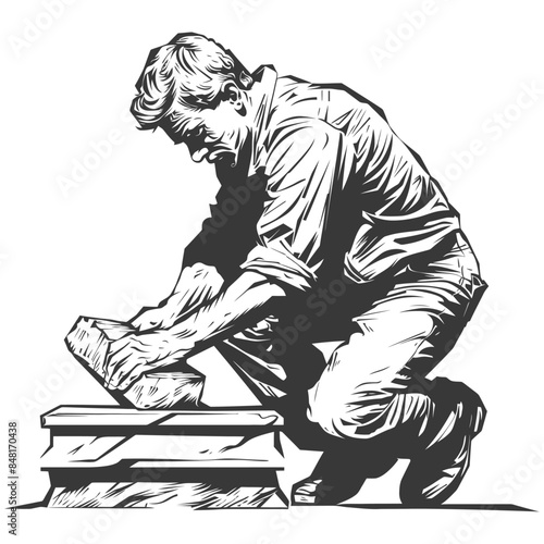 man stone carving artist in action full body full body with engraving style