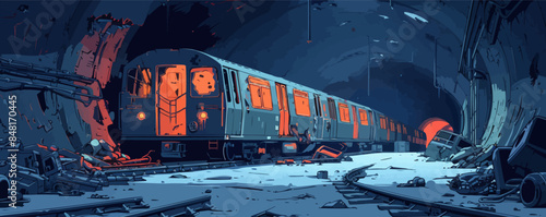 Underground tunnels with train wreckage and chaotic piles of junk, surrounded by darkness and silence. Vector flat minimalistic isolated illustration