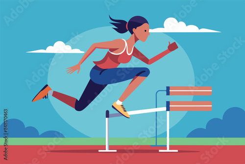 An athlete running hurdles on a track. the theme of intensity and athleticism of track and field events, emphasizing the movement and energy of the sport. 