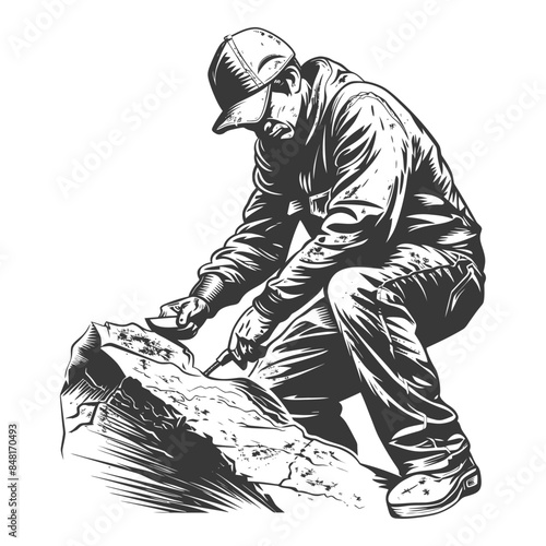 man stone carving artist in action full body full body with engraving style