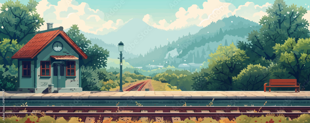 Fototapeta premium Tranquil countryside railway station with vintage trains, a platform, and lush scenery. Vector flat minimalistic isolated illustration.