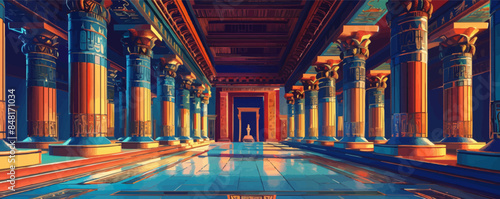 Mysterious ancient temple with columns adorned with symbols and reliefs. Vector flat minimalistic isolated illustration
