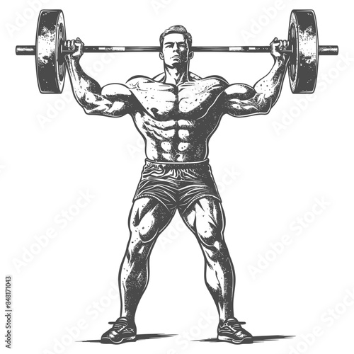 man weightlifting player in action full body with engraving style