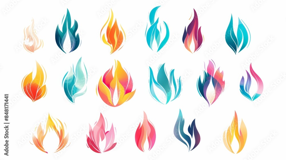 collection of flat design flame symbols, arranged in a grid pattern against a white background. The symbols are in various shapes and sizes, with a vibrant color palette. collection of flat design flame symbols, arranged in a grid pattern against a white background. The symbols are in various shapes and sizes, with a vibrant color palette.