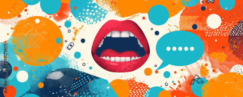 Speech, communication. Open mouth, conversation bubbles and quote symbols. Rhetoric, oratory, public speaking concept. Isolated abstract vector illustration