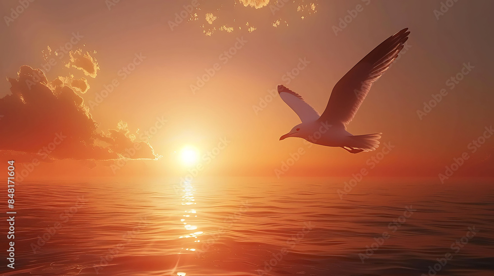 Fototapeta premium cute sea birds flying in the sunset evening sky