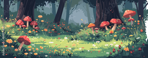 Forest clearing with a soft carpet of moss, wildflowers, and mushrooms. Vector flat minimalistic isolated illustration