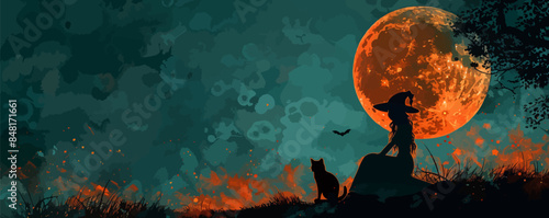 Generative AI illustration of Halloween witch with cat against full moon. vector simple illustration