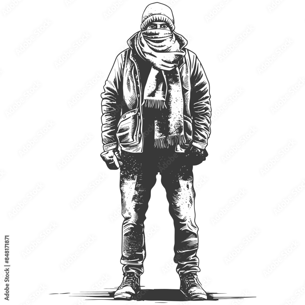 man with snow scarf full body with engraving style man with snow scarf full body with engraving style