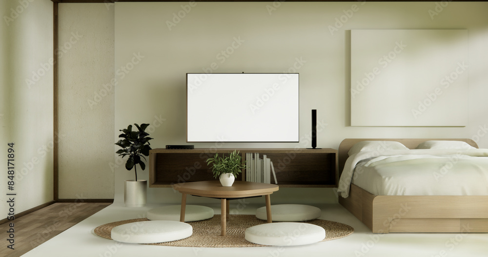 Fototapeta premium muji style empty room decorated with wooden bed, white wall and wooden wall. 3d rendering