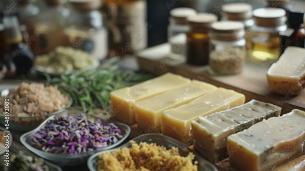 Capture the process of making organic soap. Natural ingredients like essential oils, herbs, and plant-based fats are mixed Capture the process of making organic soap. Natural ingredients like essential oils, herbs, and plant-based fats are mixed