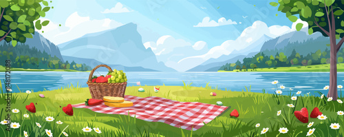 Idyllic riverside picnic spot with a checkered blanket and a basket of goodies. Vector flat minimalistic isolated illustration