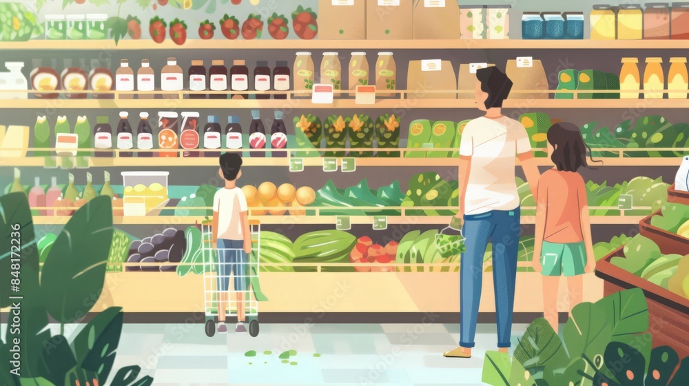 Capture the scene of a family shopping at an organic grocery store. The shelves are stocked with wholesome, non-GMO foods, Capture the scene of a family shopping at an organic grocery store. The shelves are stocked with wholesome, non-GMO foods,