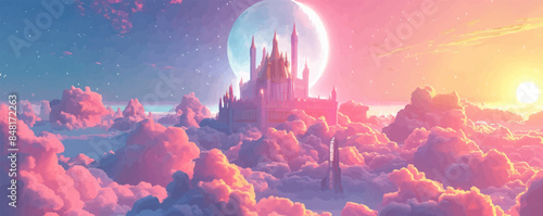 Dreamy celestial palace floating among the clouds, with shimmering towers and celestial gardens. Vector flat minimalistic isolated illustration