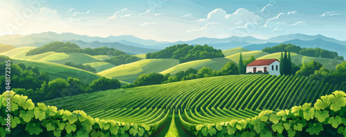 Tranquil countryside vineyard with rows of grapevines, a tasting pavilion, and rolling hills. Vector flat minimalistic isolated illustration.