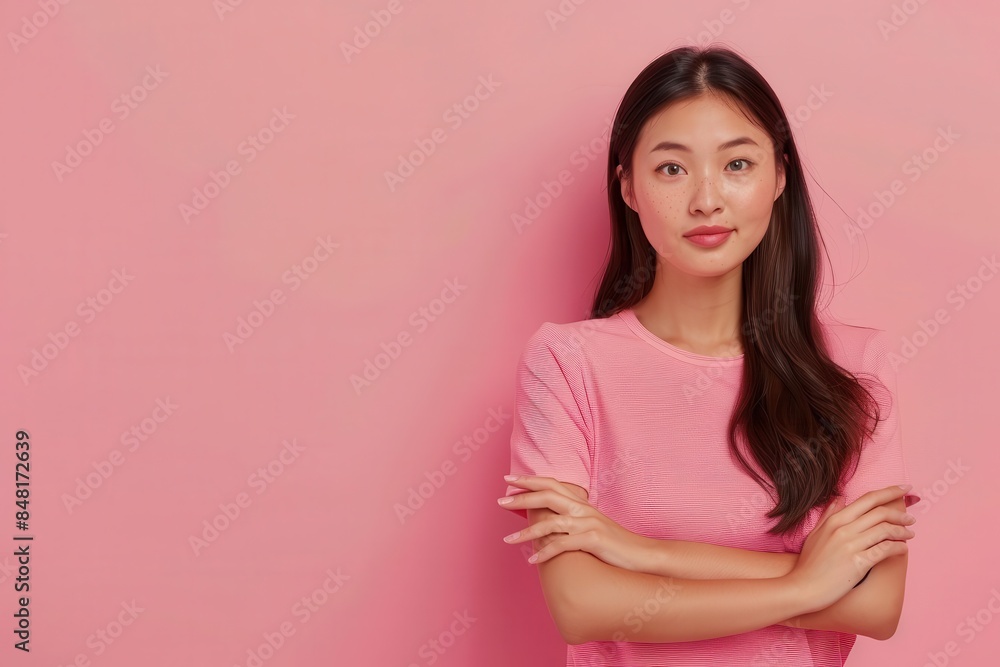 radiant asian woman gesturing confidently pink background emphasizing her poise and elegance beauty portrait