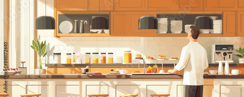 Mature man having buffet breakfast in hotel. Vector flat minimalistic isolated illustrati