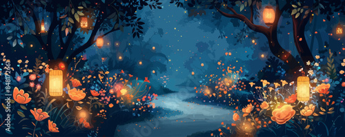 Enchanted garden pathway lined with blooming flowers, twinkling fairy lights, and whimsical lanterns. Vector flat minimalistic isolated illustration
