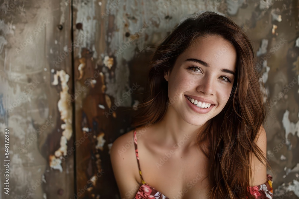 radiant floral beauty smiling woman with long brown hair wearing floral dress portrait photography radiant floral beauty smiling woman with long brown hair wearing floral dress portrait photography