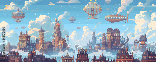 Whimsical steampunk cityscape with Victorian-style buildings and airships floating in the sky. Vector flat minimalistic isolated illustration.