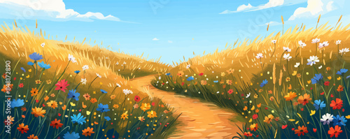 Serene countryside path winding through fields of wildflowers and golden wheat. Vector flat minimalistic isolated