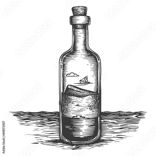 message in a bottle with engraving style