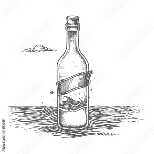 message in a bottle with engraving style
