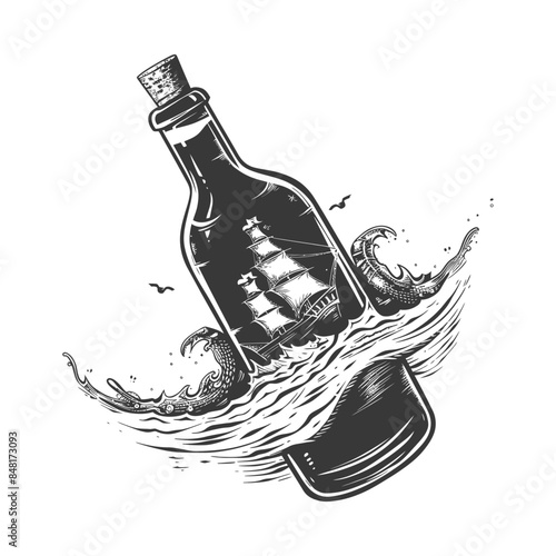 message in a bottle with engraving style