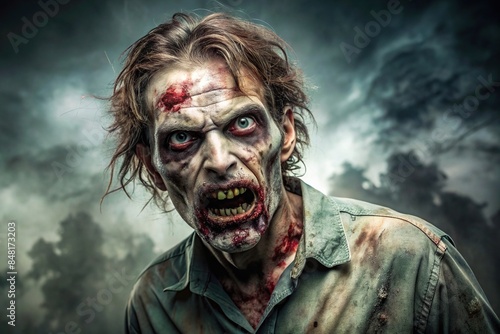 Scary zombie on background ready to attack, zombie, horror, halloween, undead, monster, fear, scary, death, gore photo