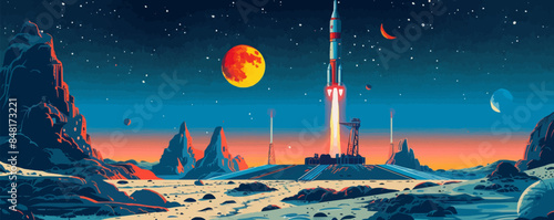 Futuristic spaceport on a distant moon, with rocket launch pads and spacecraft preparing for departure. Vector flat minimalistic isolated illustration