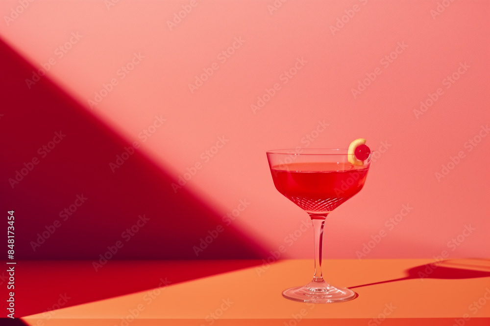 A stylish red cocktail in a glass with a cherry garnish, set against a vibrant pink background with dramatic shadows.
A stylish red cocktail in a glass with a cherry garnish, set against a vibrant pink background with dramatic shadows.