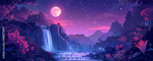 Fairy moonlit landscape with crystal streams and mystical flowers. Vector flat minimalistic isolated illustration.