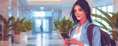 Close up of businesswoman using cell phone while staying at hotel. Vector flat minimalistic isolated illustration