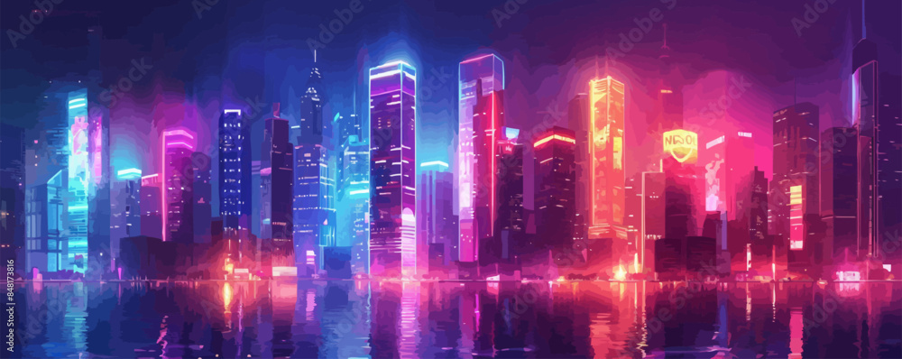 Technological cityscape with tall skyscrapers and neon signs. vector simple illustration Technological cityscape with tall skyscrapers and neon signs. vector simple illustration