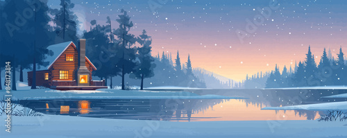 Cozy lakeside cabin with a roaring fireplace, surrounded by snow-covered pine trees. Vector flat minimalistic isolated illustration.