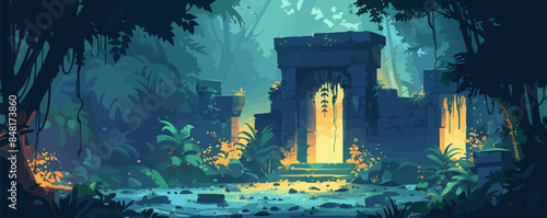 Mystical ancient ruins hidden in the jungle, with overgrown vegetation and hidden treasures. Vector flat minimalistic isolated illustration