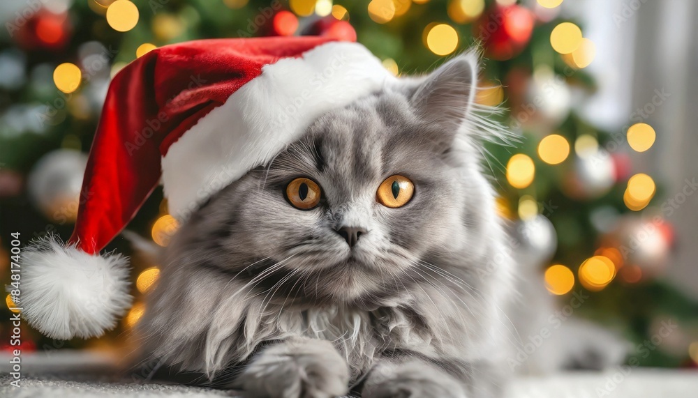 Adorable fluffy kitten in Santa's hat, Christmas lights. Merry Christmas, Happy New Year. Cute pet. Adorable fluffy kitten in Santa's hat, Christmas lights. Merry Christmas, Happy New Year. Cute pet.