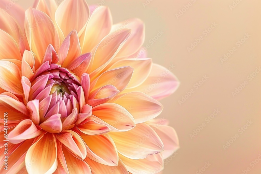 Fototapeta premium Closeup of dahlia flower on light pink and beige background for beauty and art concept
