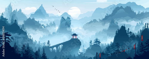 Mystical mountain shrine hidden among misty peaks, with ancient carvings and prayer flags. Vector flat minimalistic isolated illustration