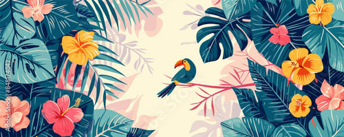 Exotic templating with tropical leaves, palm trees, flowers and birds, modern design. vector simple illustratio