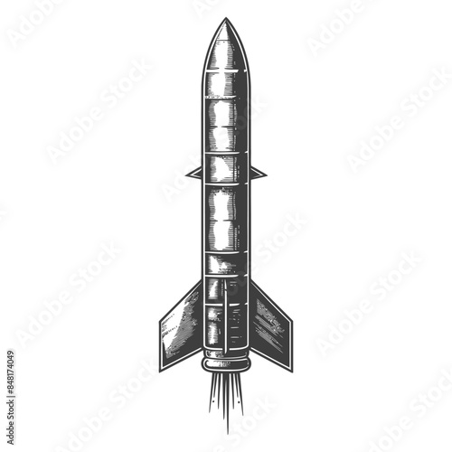Engraved Rocket Launch: Vintage Aerospace Illustration, Pencil Drawing Style.