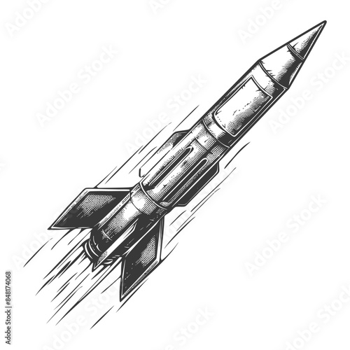 Etched Missile Launch: Vintage Rocket with Motion Blur, Isolated on White.