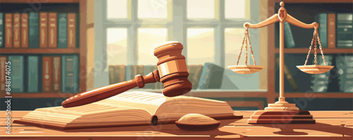 Judicial gavel, book and scales of justice on background of Court Hall. vector simple