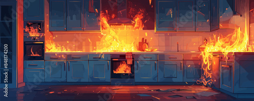The destruction wrought by an errant flame rises quickly out of control, consuming a kitchen in a roar of flames and scorching heat. vector simple illustration