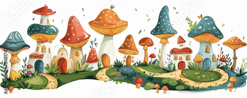 Whimsical mushroom village nestled in a mossy forest, with colorful fungi houses and winding paths. Vector flat minimalistic isolated illustration