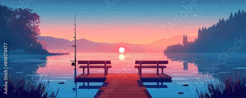 Cozy lakeside dock with wooden benches, fishing rods, and a view of the shimmering water. Vector flat minimalistic isolated illustration.