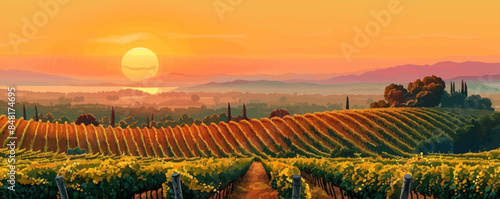 Tranquil countryside vineyard with rows of grapevines, a tasting room, and distant mountains. Vector flat minimalistic isolated illustration.