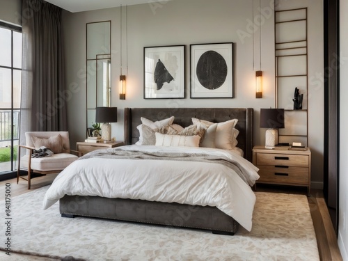 Wallpaper Mural a bedroom with a large bed and a large window with a view of the woods. Torontodigital.ca