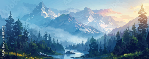 Mystical mountain valley with towering peaks, misty forests, and a winding river. Vector flat minimalistic isolated illustration